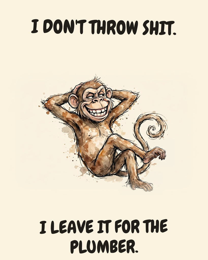 Monkey watercolor art print with the saying "I DON'T THROW SHIT. I LEAVE IT FOR THE PLUMBER."