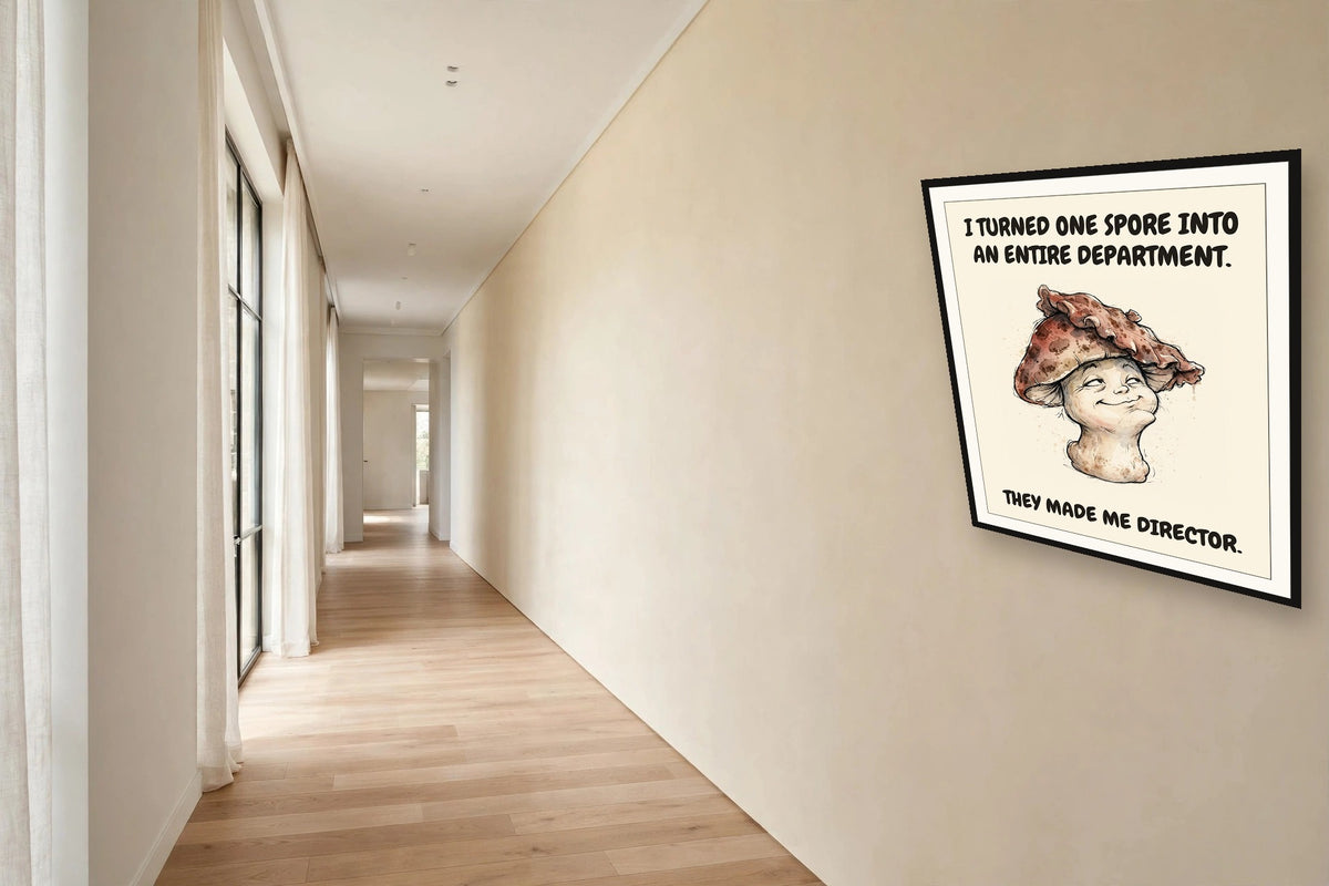 The same print shown hanging in an office — frame for display only, not included