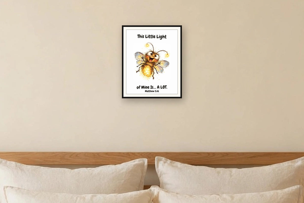 The same print shown hanging on a wall — frame for display only, not included
