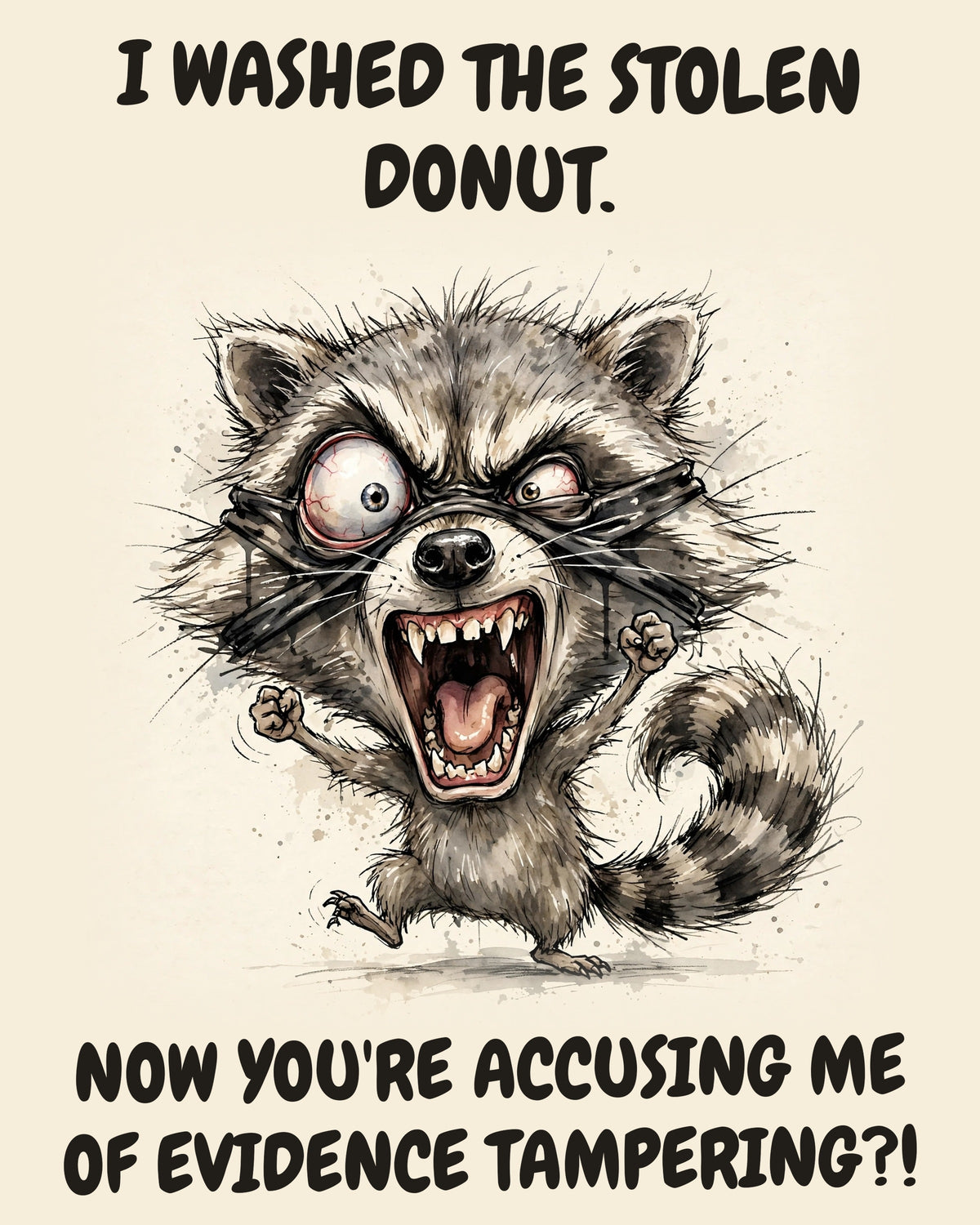 Raccoon watercolor art print with the saying "I WASHED THE STOLEN DONUT. NOW YOU'RE ACCUSING ME OF EVIDENCE TAMPERING?!"