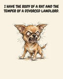 Furious Chihuahua watercolor art print — "I HAVE THE BODY OF A RAT AND THE TEMPER OF A DIVORCED LANDLORD." Unframed print artwork.