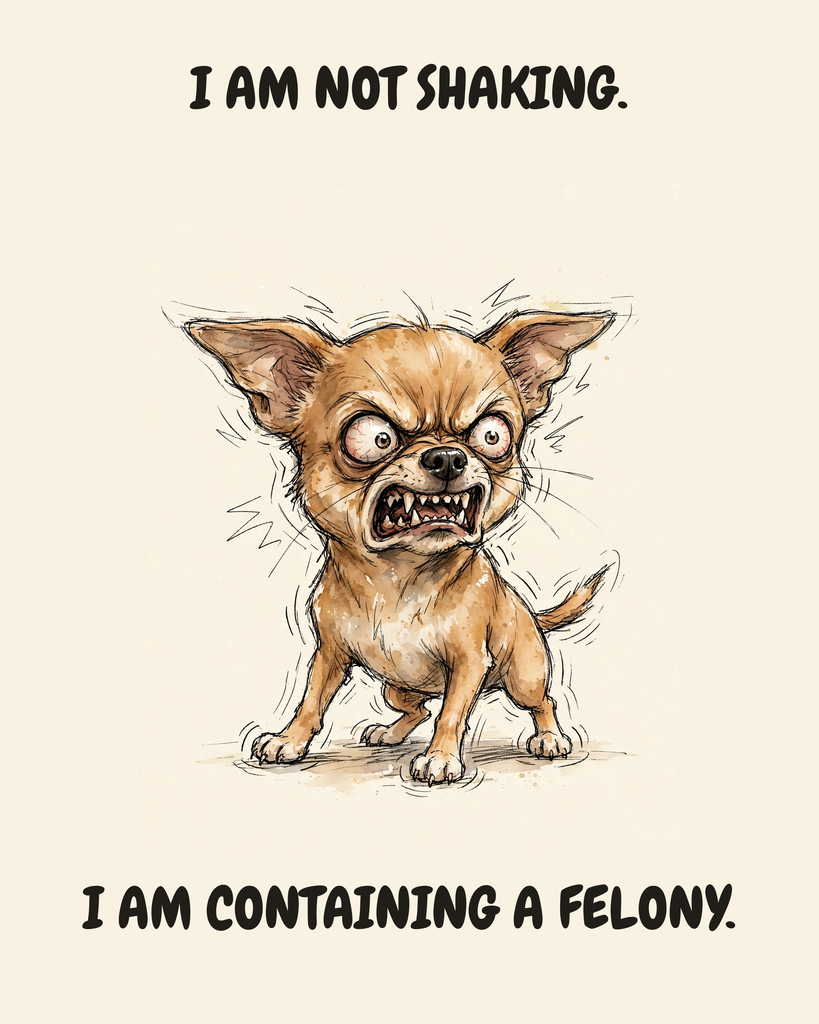Furious Chihuahua watercolor art print — "I AM NOT SHAKING. I AM CONTAINING A FELONY." Unframed print artwork.