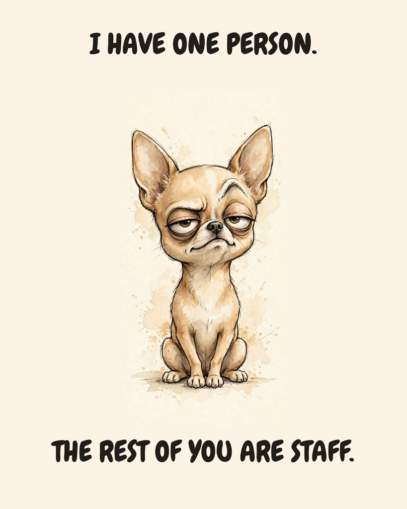 Judgmental Chihuahua watercolor art print — "I HAVE ONE PERSON. THE REST OF YOU ARE STAFF." Unframed print artwork.