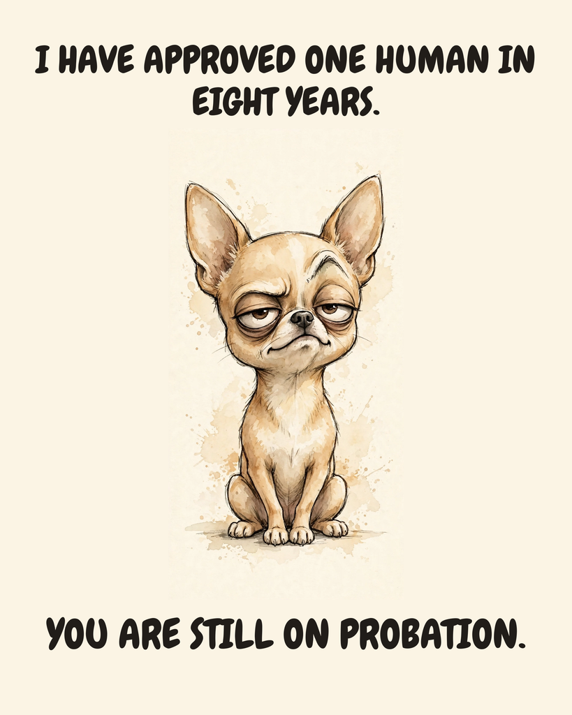 Judgmental Chihuahua watercolor art print — "I HAVE APPROVED ONE HUMAN IN EIGHT YEARS. YOU ARE STILL ON PROBATION." Unframed print artwork.