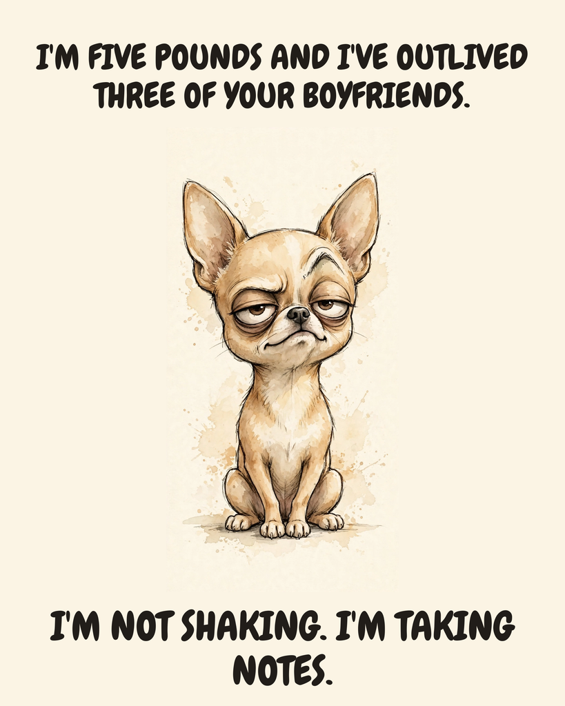 Judgmental Chihuahua watercolor art print — "I'M FIVE POUNDS AND I'VE OUTLIVED THREE OF YOUR BOYFRIENDS. I'M NOT SHAKING. I'M TAKING NOTES." Unframed print artwork.