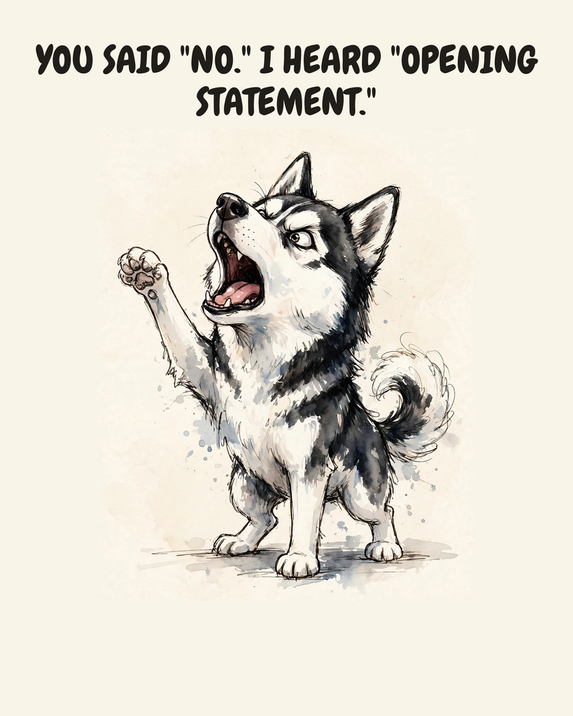 Furious Siberian Husky watercolor art print — "YOU SAID "NO." I HEARD "OPENING STATEMENT."" Unframed print artwork.