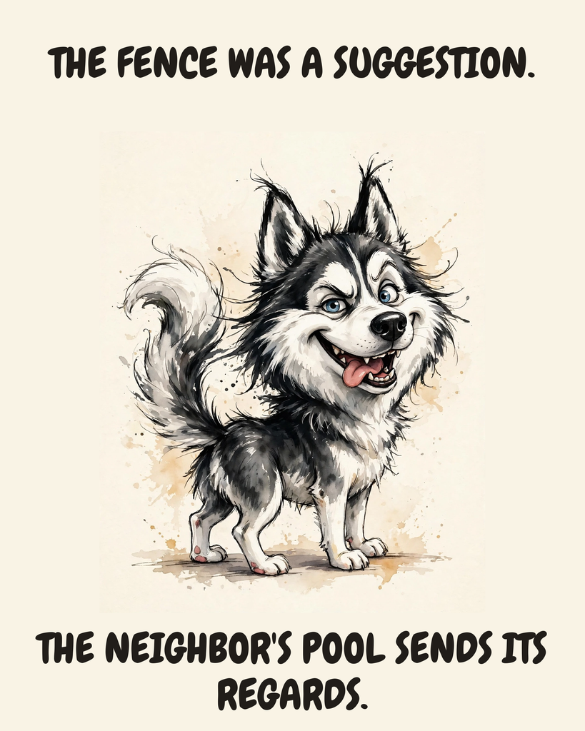 Smug Siberian Husky watercolor art print — "THE FENCE WAS A SUGGESTION. THE NEIGHBOR'S POOL SENDS ITS REGARDS." Unframed print artwork.
