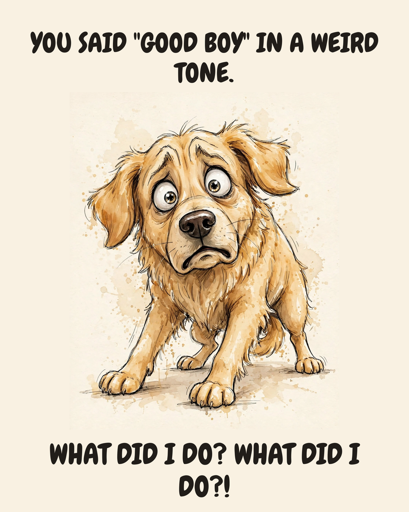 Horrified Golden Retriever watercolor art print — "YOU SAID "GOOD BOY" IN A WEIRD TONE. WHAT DID I DO? WHAT DID I DO?!" Unframed print artwork.
