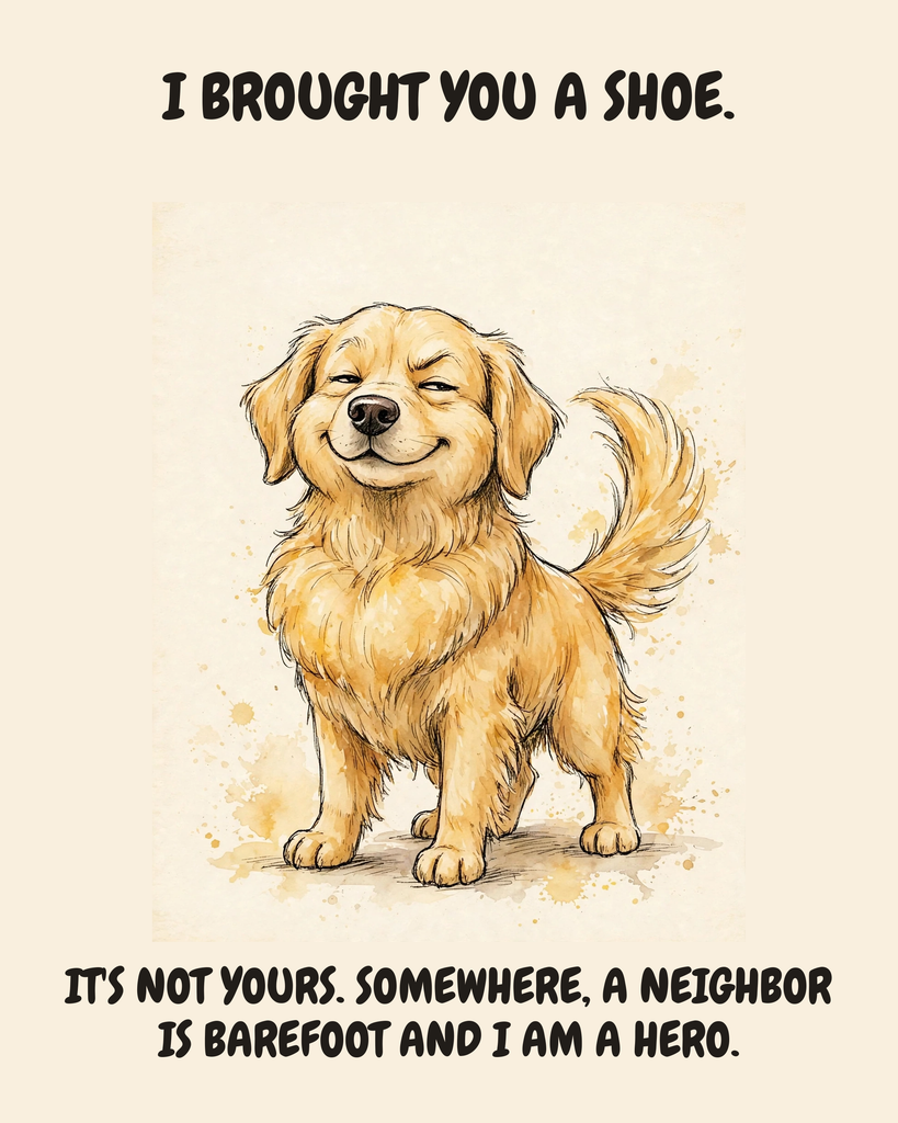 Smug Golden Retriever watercolor art print — "I BROUGHT YOU A SHOE. IT'S NOT YOURS. SOMEWHERE, A NEIGHBOR IS BAREFOOT AND I AM A HERO." Unframed print artwork.