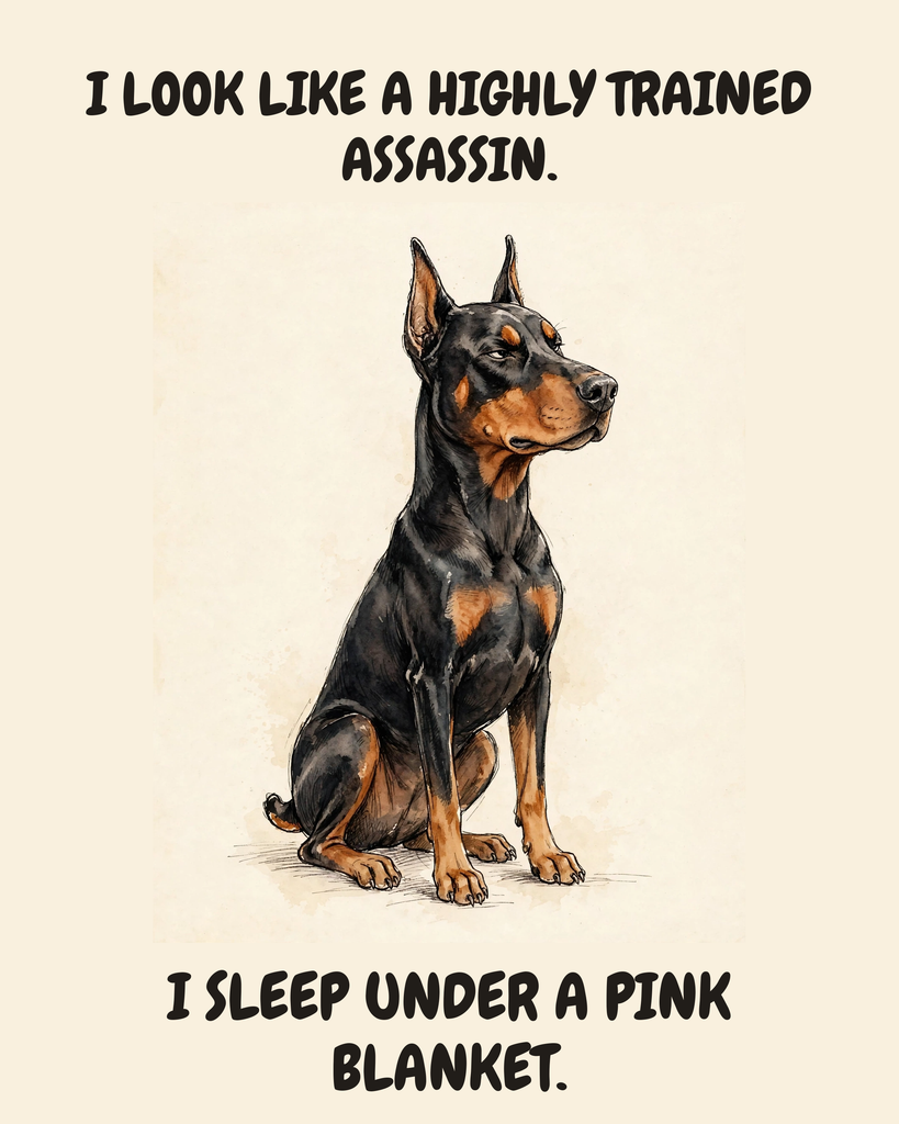 Smug Doberman Pinscher watercolor art print — "I LOOK LIKE A HIGHLY TRAINED ASSASSIN. I SLEEP UNDER A PINK BLANKET." Unframed print artwork.