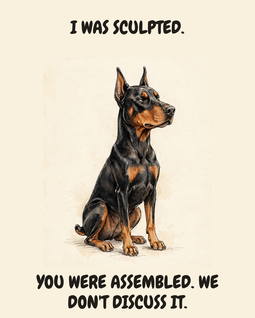 Smug Doberman Pinscher watercolor art print — "I WAS SCULPTED. YOU WERE ASSEMBLED. WE DON'T DISCUSS IT." Unframed print artwork.