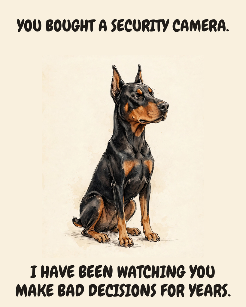 Smug Doberman Pinscher watercolor art print — "YOU BOUGHT A SECURITY CAMERA. I HAVE BEEN WATCHING YOU MAKE BAD DECISIONS FOR YEARS." Unframed print artwork.