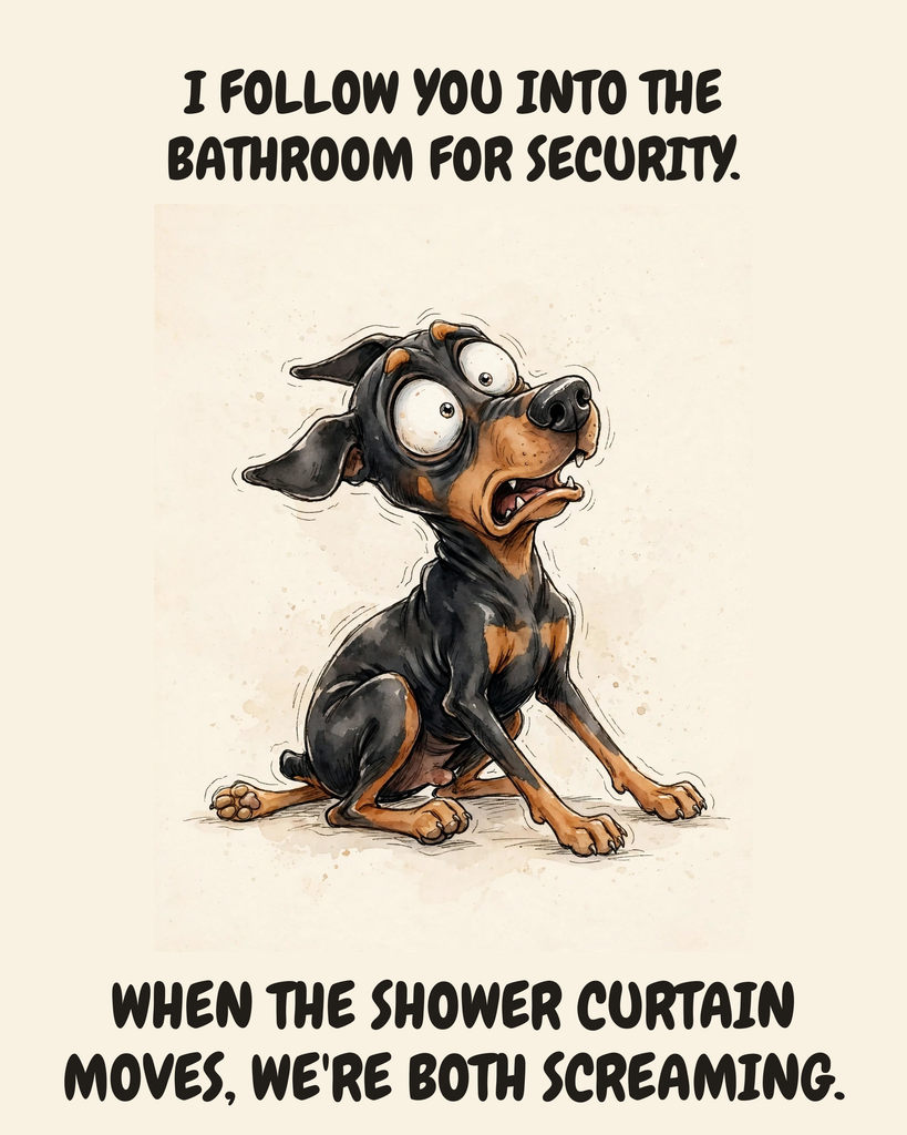 Horrified Doberman Pinscher watercolor art print — "I FOLLOW YOU INTO THE BATHROOM FOR SECURITY. WHEN THE SHOWER CURTAIN MOVES, WE'RE BOTH SCREAMING." Unframed print artwork.