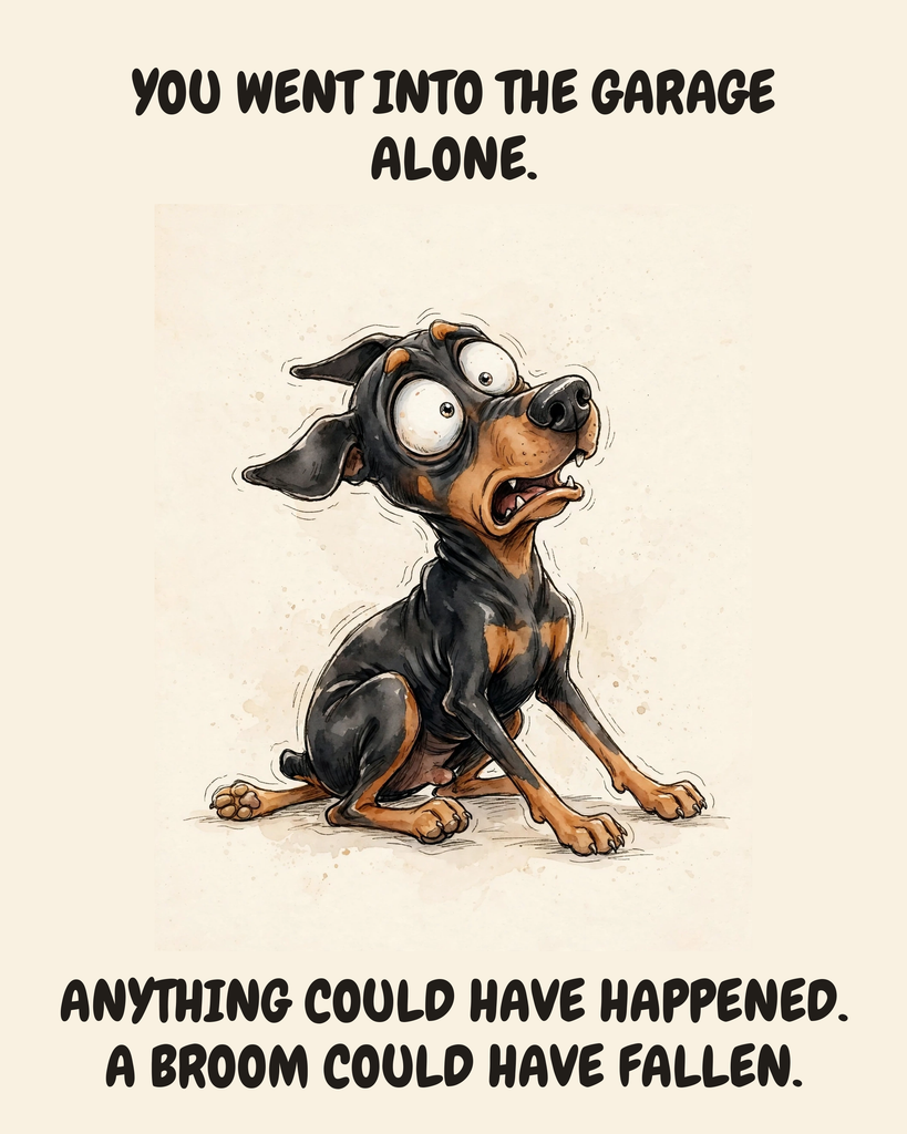 Horrified Doberman Pinscher watercolor art print — "YOU WENT INTO THE GARAGE ALONE. ANYTHING COULD HAVE HAPPENED. A BROOM COULD HAVE FALLEN." Unframed print artwork.