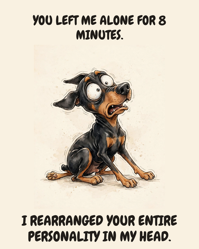 Horrified Doberman Pinscher watercolor art print — "YOU LEFT ME ALONE FOR 8 MINUTES. I REARRANGED YOUR ENTIRE PERSONALITY IN MY HEAD." Unframed print artwork.