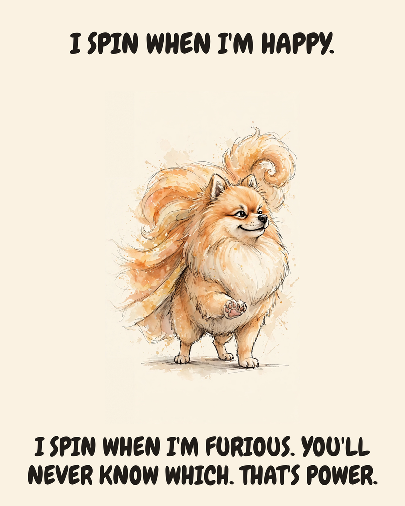 Smug Pomeranian watercolor art print — "I SPIN WHEN I'M HAPPY. I SPIN WHEN I'M FURIOUS. YOU'LL NEVER KNOW WHICH. THAT'S POWER." Unframed print artwork.
