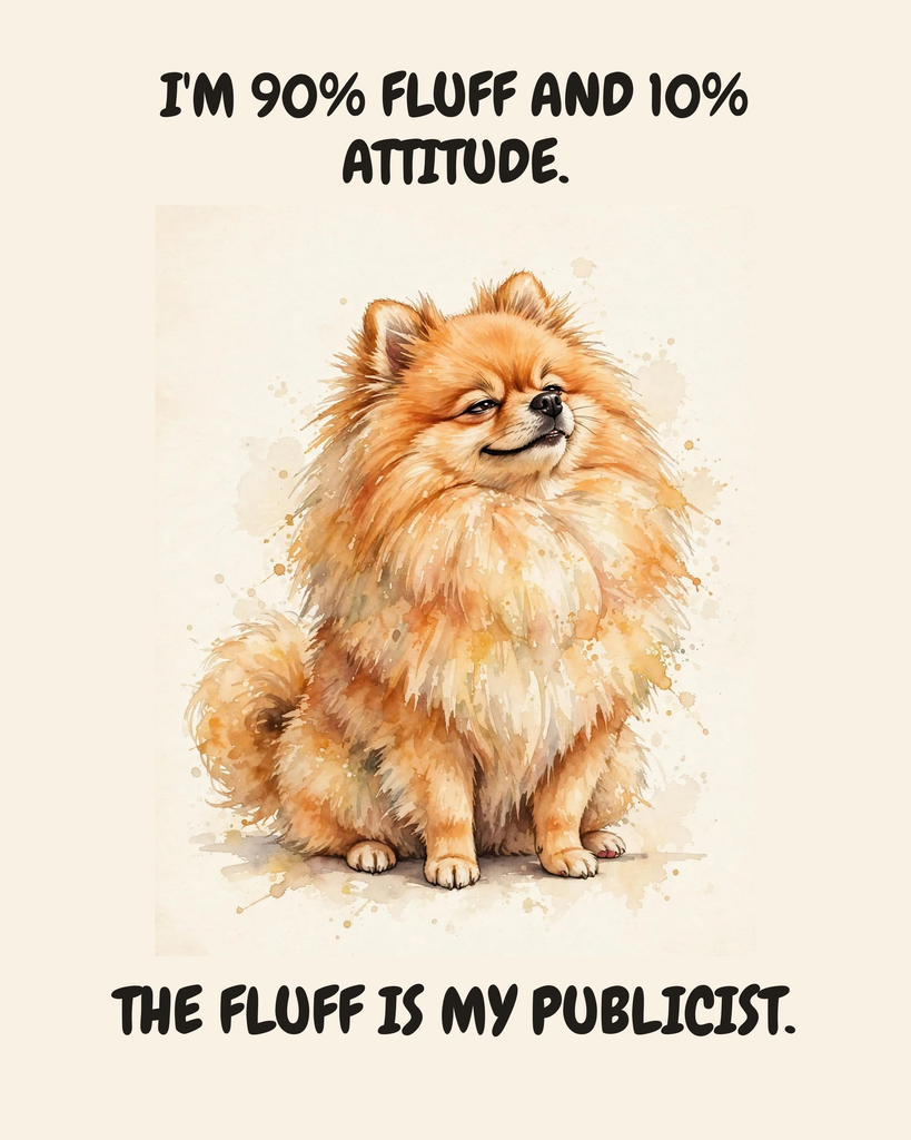 Smug Pomeranian watercolor art print — "I'M 90% FLUFF AND 10% ATTITUDE. THE FLUFF IS MY PUBLICIST." Unframed print artwork.