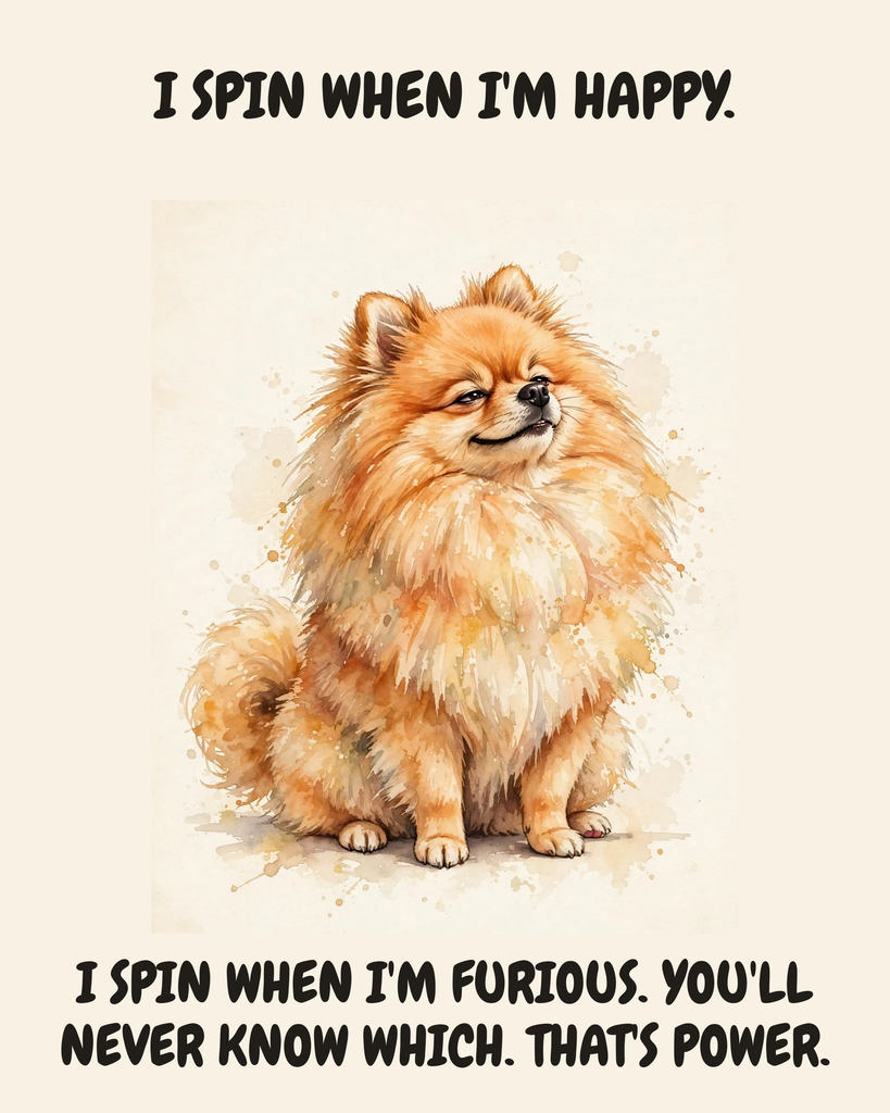 Smug Pomeranian watercolor art print — "I SPIN WHEN I'M HAPPY. I SPIN WHEN I'M FURIOUS. YOU'LL NEVER KNOW WHICH. THAT'S POWER." Unframed print artwork.