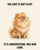 Smug Pomeranian watercolor art print — "THE COAT IS NOT FLUFF. IT IS ARCHITECTURE. YOU MAY LOOK." Unframed print artwork.