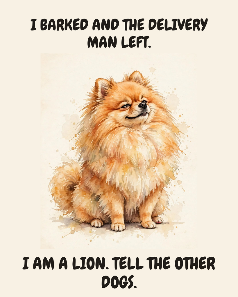 Smug Pomeranian watercolor art print — "I BARKED AND THE DELIVERY MAN LEFT. I AM A LION. TELL THE OTHER DOGS." Unframed print artwork.