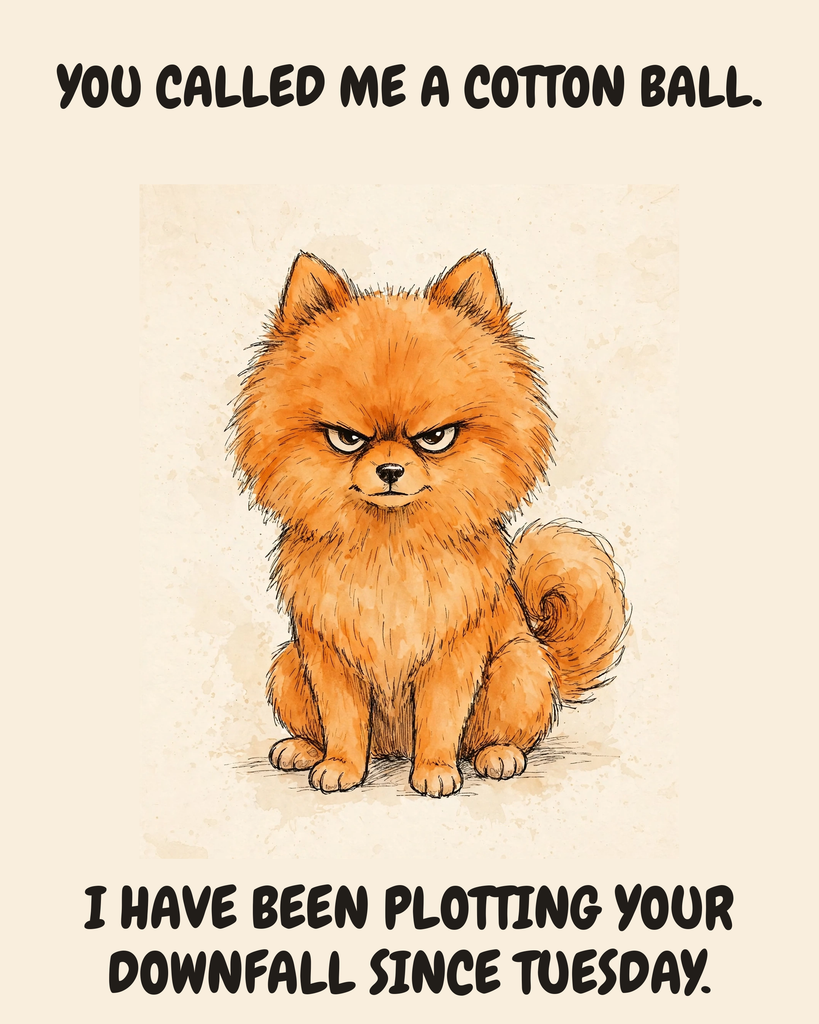 Furious Pomeranian watercolor art print — "YOU CALLED ME A COTTON BALL. I HAVE BEEN PLOTTING YOUR DOWNFALL SINCE TUESDAY." Unframed print artwork.