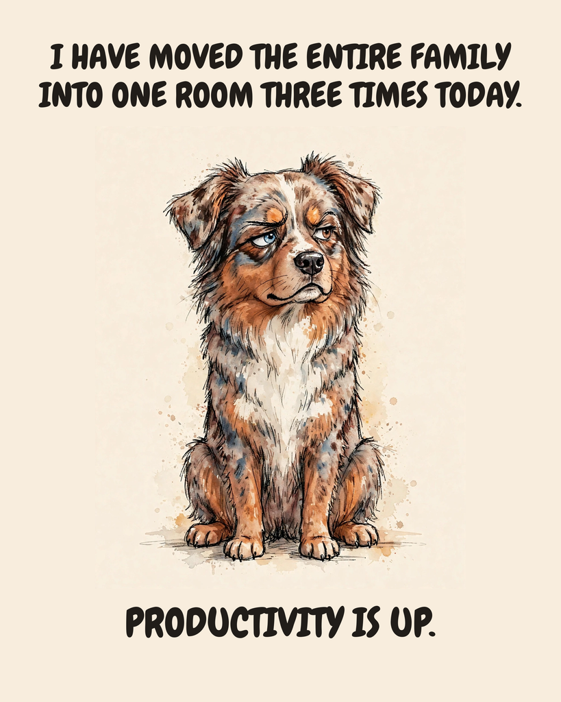 Judgmental Australian Shepherd watercolor art print — "I HAVE MOVED THE ENTIRE FAMILY INTO ONE ROOM THREE TIMES TODAY. PRODUCTIVITY IS UP." Unframed print artwork.