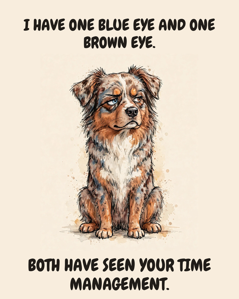 Judgmental Australian Shepherd watercolor art print — "I HAVE ONE BLUE EYE AND ONE BROWN EYE. BOTH HAVE SEEN YOUR TIME MANAGEMENT." Unframed print artwork.