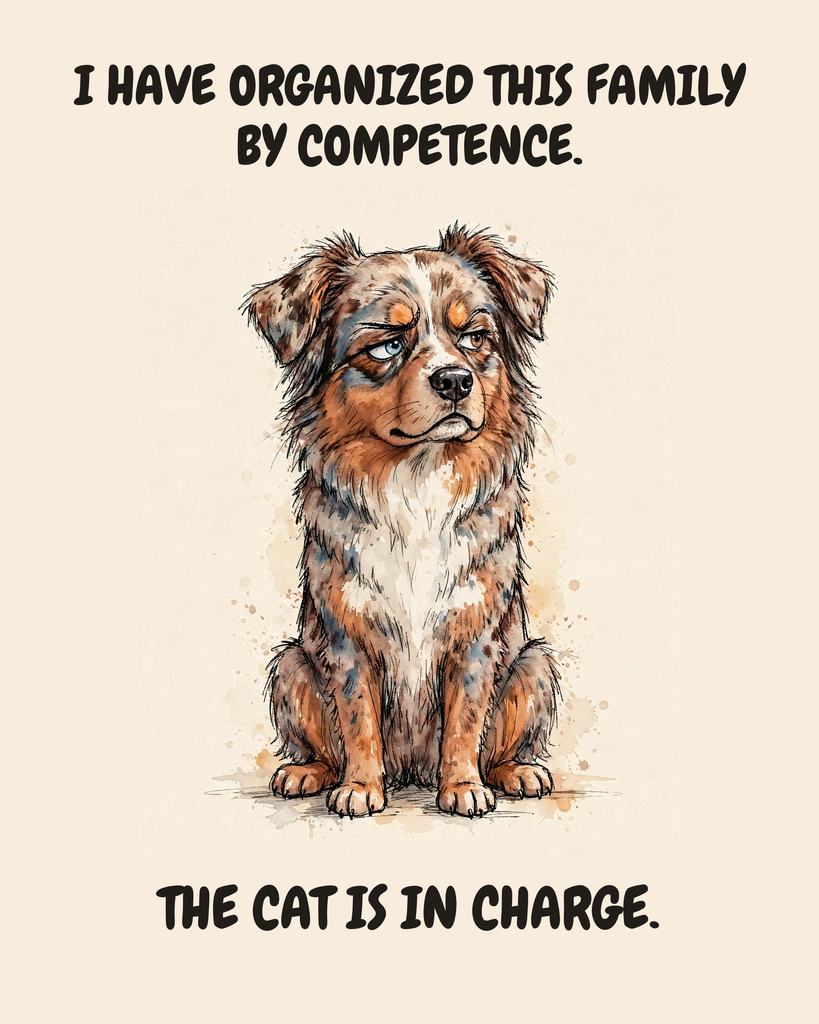 Judgmental Australian Shepherd watercolor art print — "I HAVE ORGANIZED THIS FAMILY BY COMPETENCE. THE CAT IS IN CHARGE." Unframed print artwork.