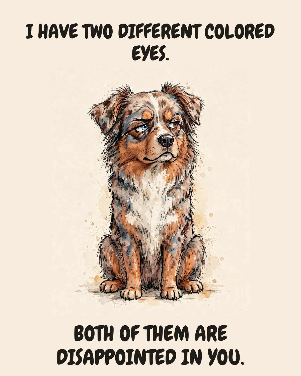 Judgmental Australian Shepherd watercolor art print — "I HAVE TWO DIFFERENT COLORED EYES. BOTH OF THEM ARE DISAPPOINTED IN YOU." Unframed print artwork.