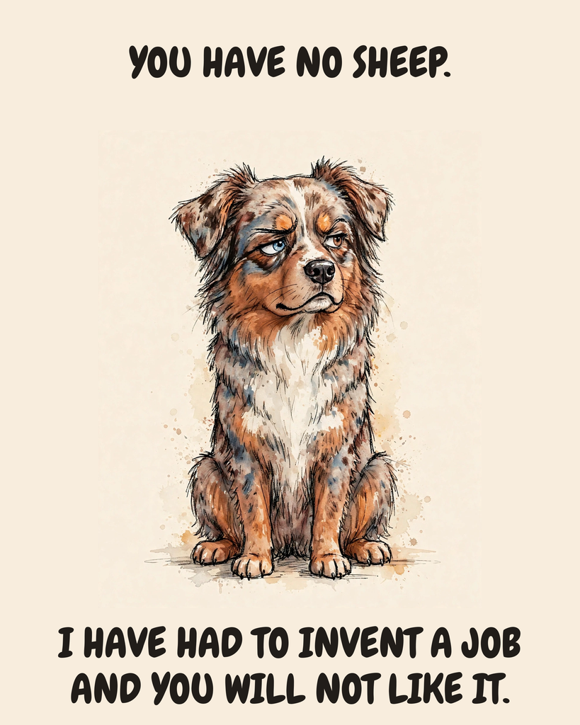 Judgmental Australian Shepherd watercolor art print — "YOU HAVE NO SHEEP. I HAVE HAD TO INVENT A JOB AND YOU WILL NOT LIKE IT." Unframed print artwork.