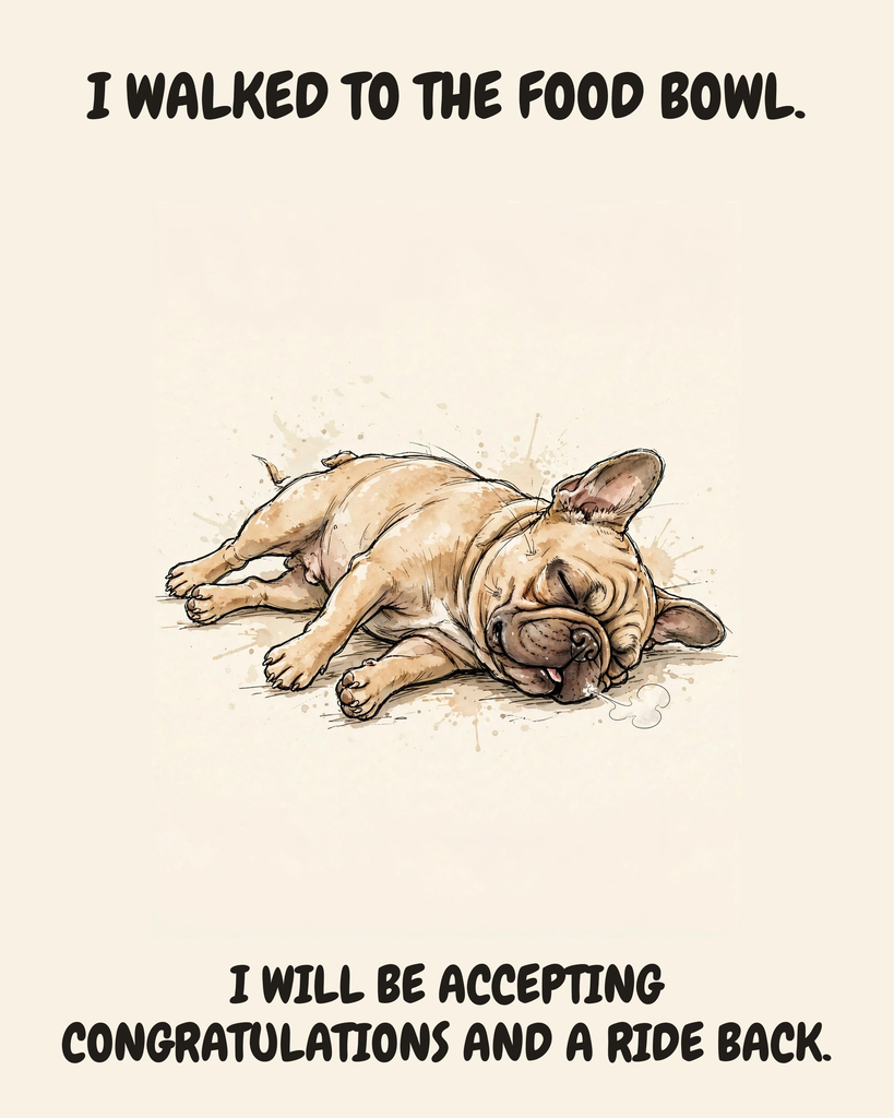 Exhausted French Bulldog watercolor art print — "I WALKED TO THE FOOD BOWL. I WILL BE ACCEPTING CONGRATULATIONS AND A RIDE BACK." Unframed print artwork.