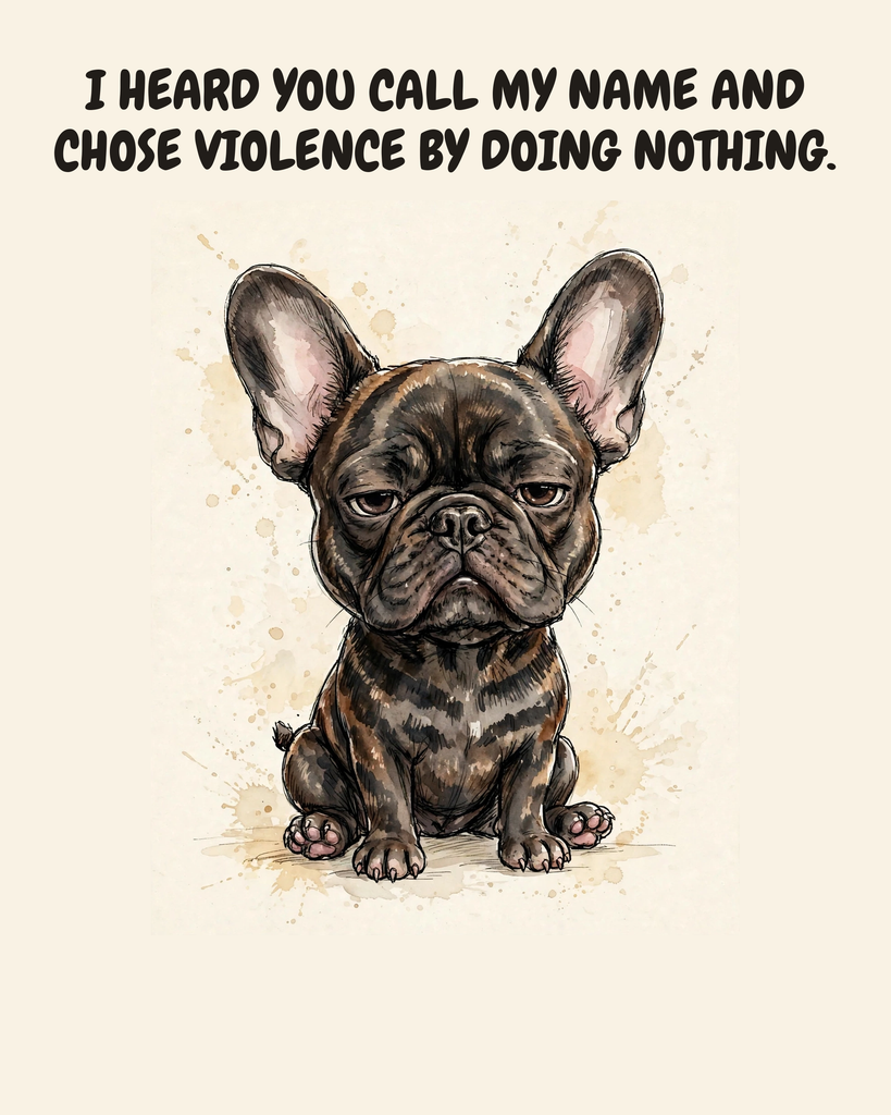 Unbothered French Bulldog watercolor art print — "I HEARD YOU CALL MY NAME AND CHOSE VIOLENCE BY DOING NOTHING." Unframed print artwork.