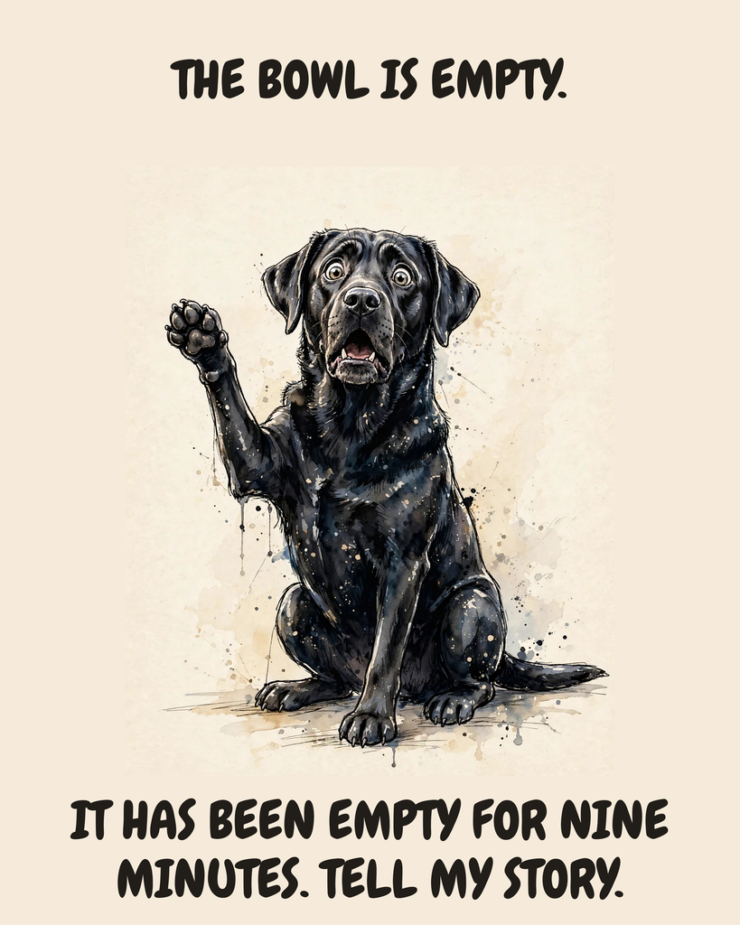 Horrified Labrador Retriever watercolor art print — "THE BOWL IS EMPTY. IT HAS BEEN EMPTY FOR NINE MINUTES. TELL MY STORY." Unframed print artwork.