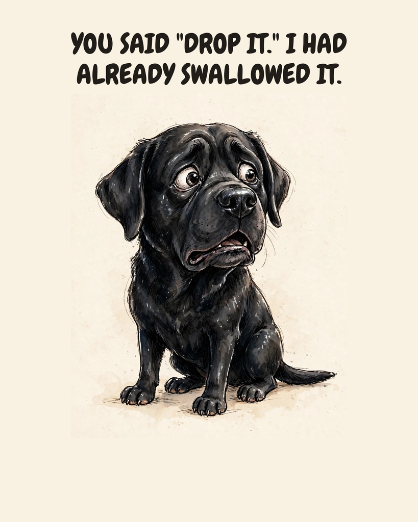 Horrified Labrador Retriever watercolor art print — "YOU SAID "DROP IT." I HAD ALREADY SWALLOWED IT." Unframed print artwork.