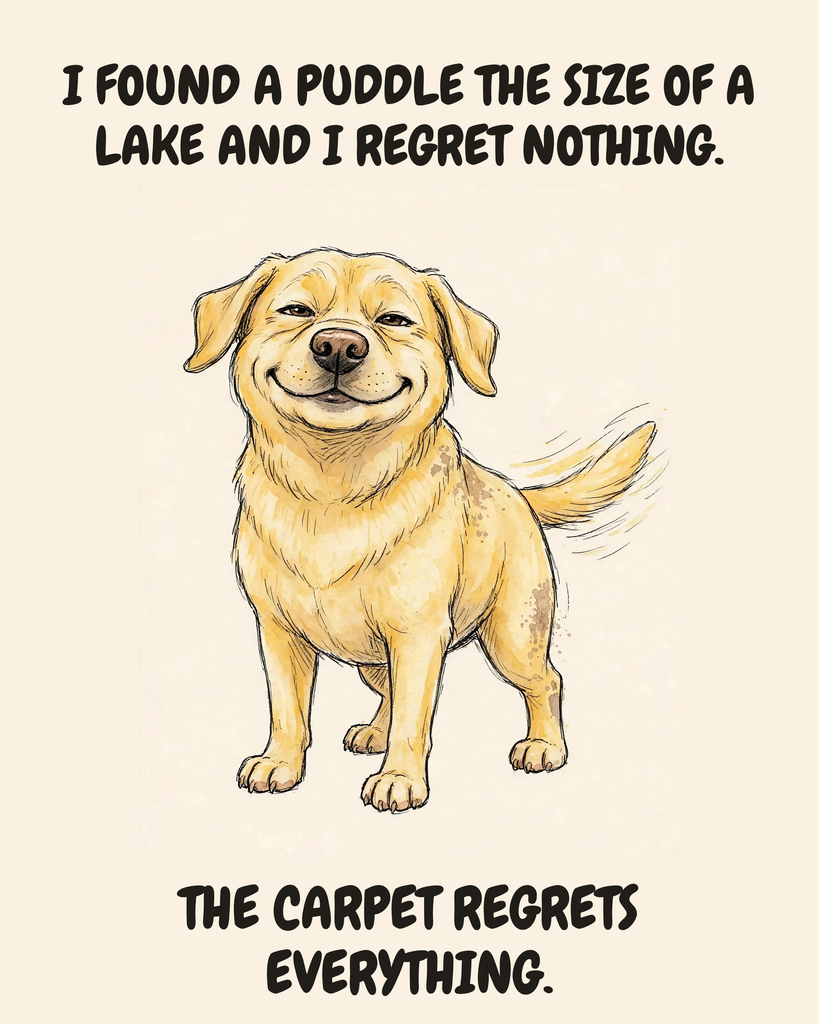 Smug Labrador Retriever watercolor art print — "I FOUND A PUDDLE THE SIZE OF A LAKE AND I REGRET NOTHING. THE CARPET REGRETS EVERYTHING." Unframed print artwork.