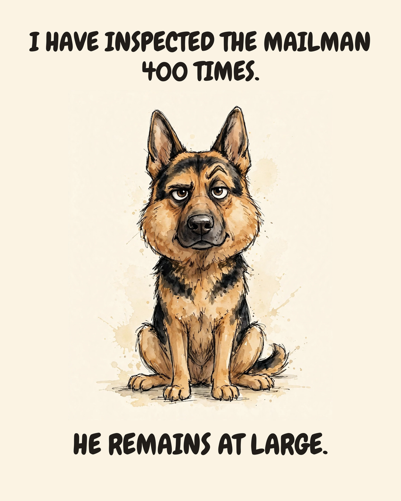 Judgmental German Shepherd watercolor art print — "I HAVE INSPECTED THE MAILMAN 400 TIMES. HE REMAINS AT LARGE." Unframed print artwork.