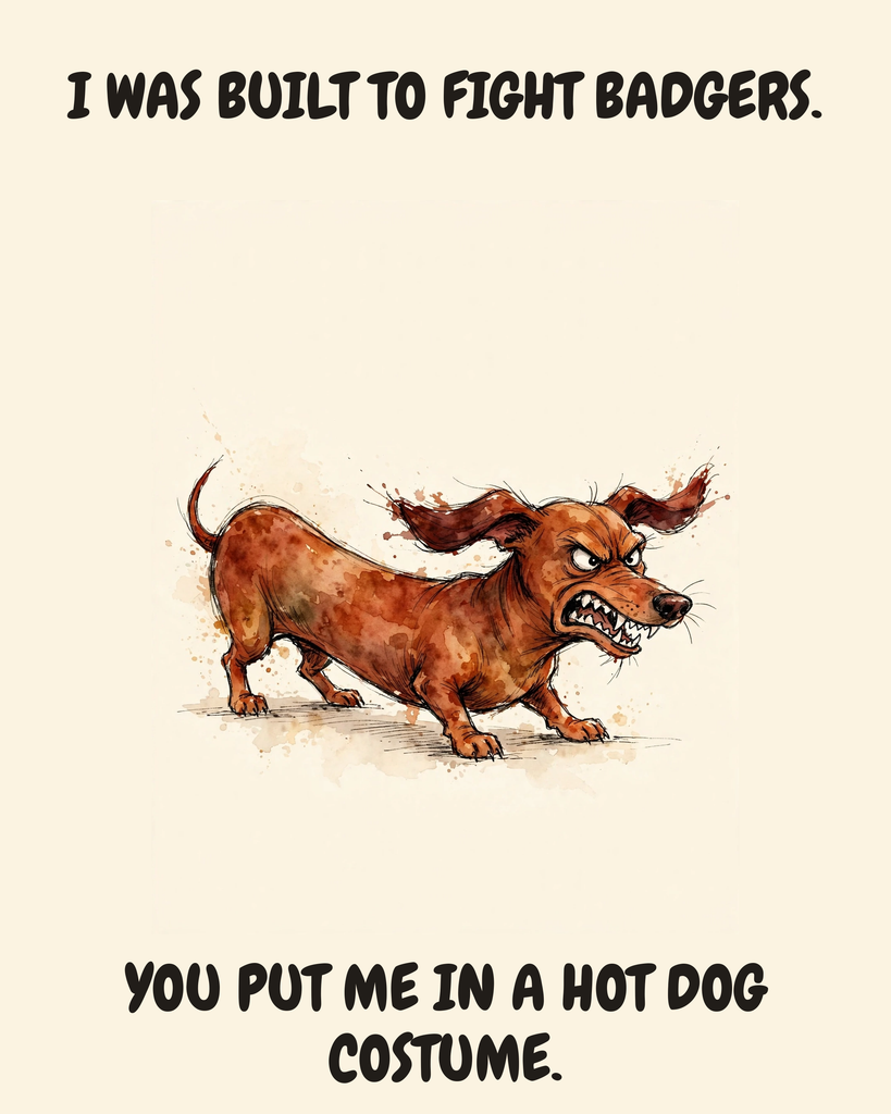 Furious Dachshund watercolor art print — "I WAS BUILT TO FIGHT BADGERS. YOU PUT ME IN A HOT DOG COSTUME." Unframed print artwork.
