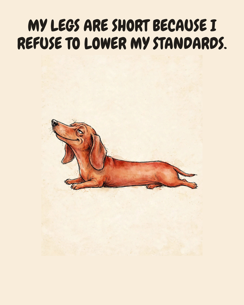 Smug Dachshund watercolor art print — "MY LEGS ARE SHORT BECAUSE I REFUSE TO LOWER MY STANDARDS." Unframed print artwork.