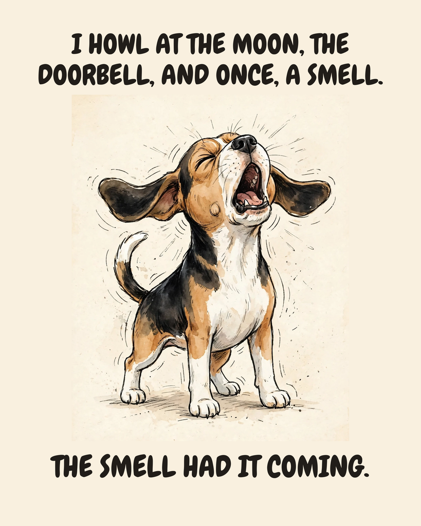 Furious Beagle watercolor art print — "I HOWL AT THE MOON, THE DOORBELL, AND ONCE, A SMELL. THE SMELL HAD IT COMING." Unframed print artwork.