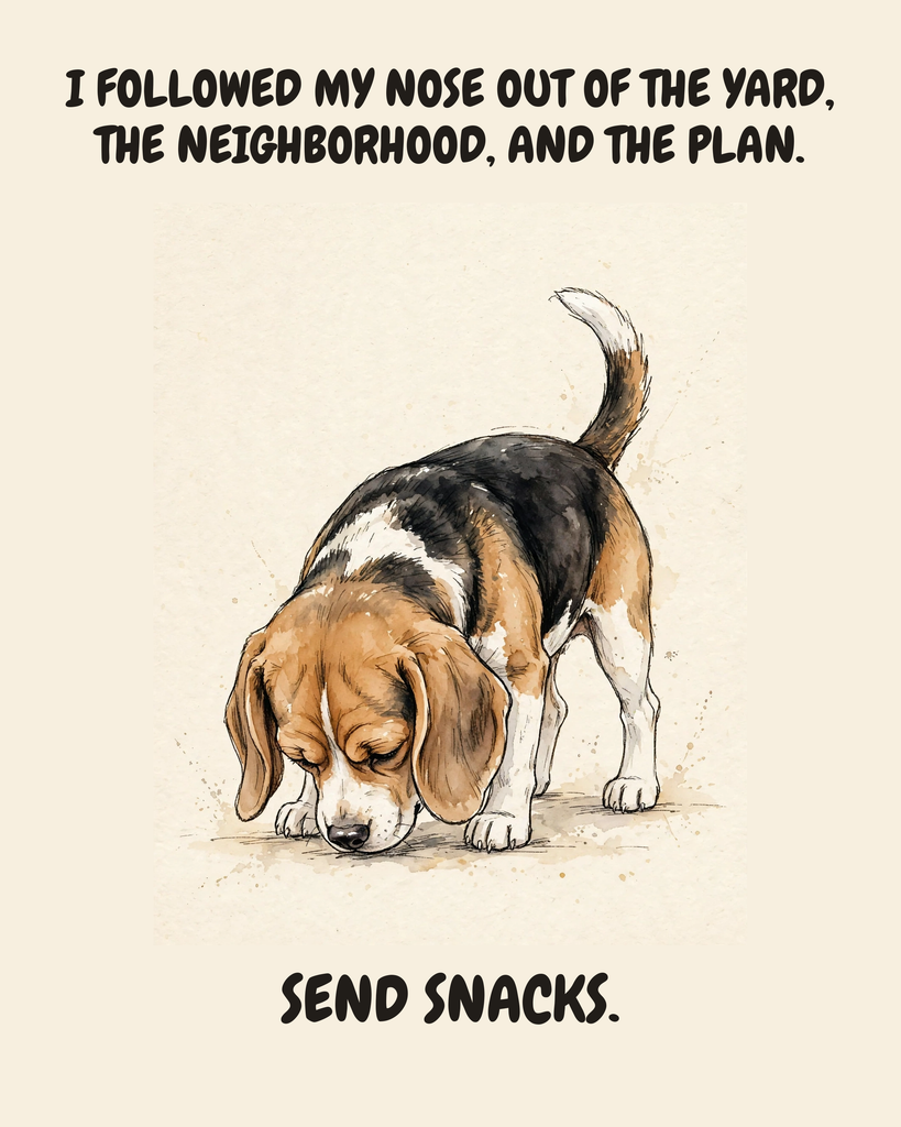 Unbothered Beagle watercolor art print — "I FOLLOWED MY NOSE OUT OF THE YARD, THE NEIGHBORHOOD, AND THE PLAN. SEND SNACKS." Unframed print artwork.