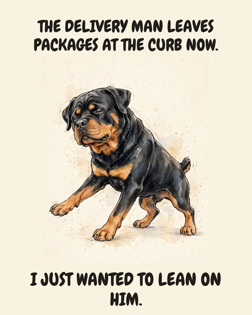 Unbothered Rottweiler watercolor art print — "THE DELIVERY MAN LEAVES PACKAGES AT THE CURB NOW. I JUST WANTED TO LEAN ON HIM." Unframed print artwork.