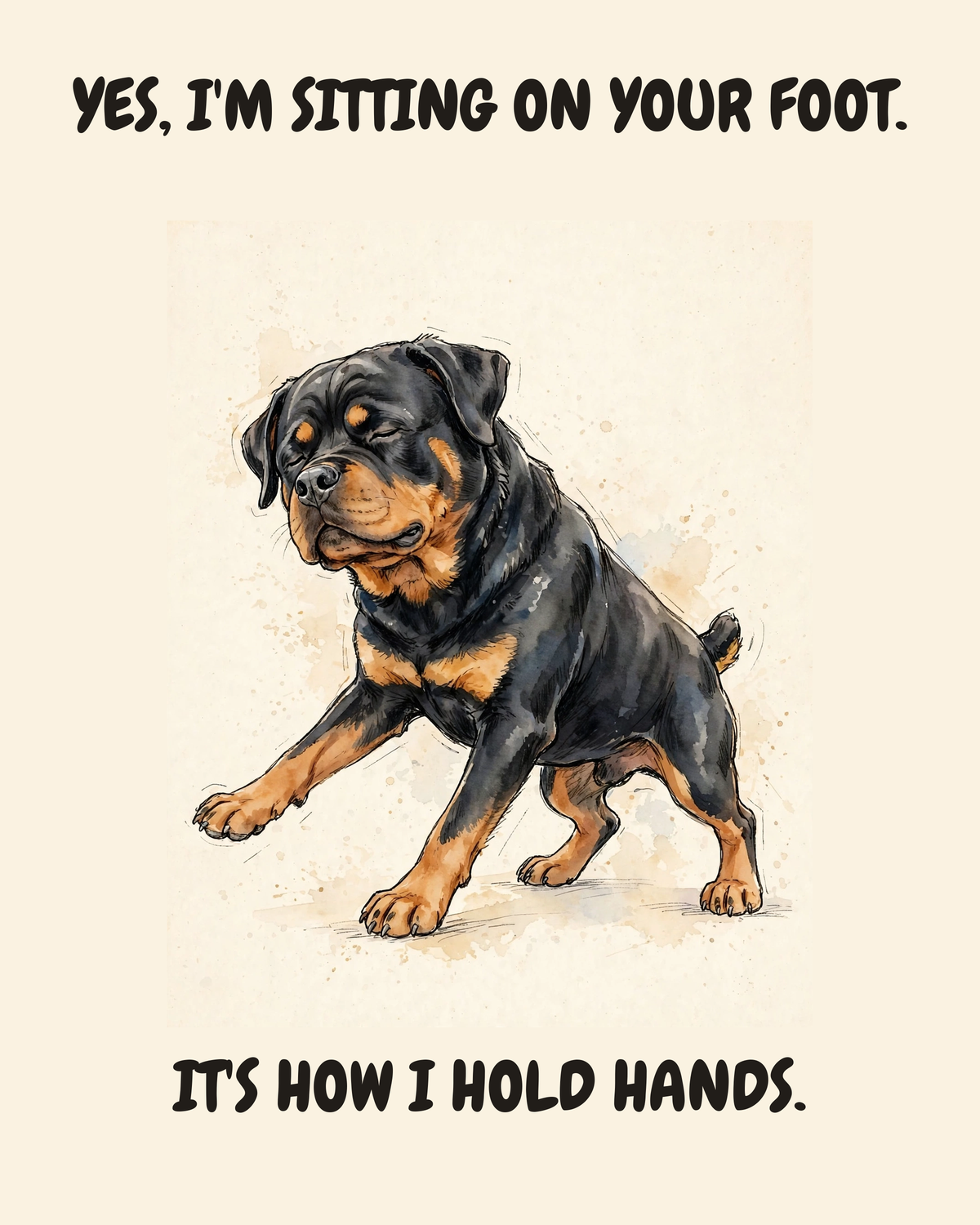 Unbothered Rottweiler watercolor art print — "YES, I'M SITTING ON YOUR FOOT. IT'S HOW I HOLD HANDS." Unframed print artwork.