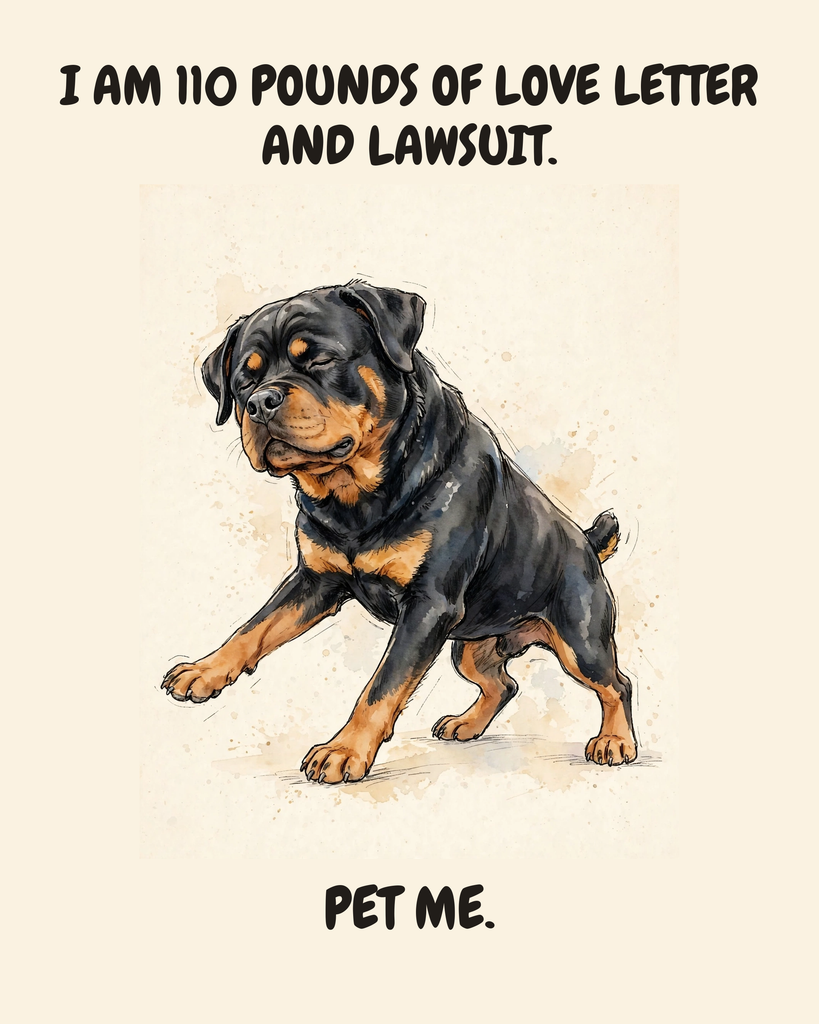 Unbothered Rottweiler watercolor art print — "I AM 110 POUNDS OF LOVE LETTER AND LAWSUIT. PET ME." Unframed print artwork.