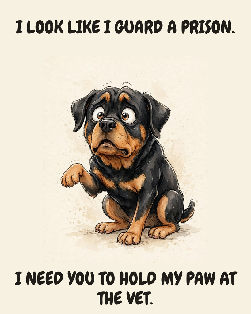 Horrified Rottweiler watercolor art print — "I LOOK LIKE I GUARD A PRISON. I NEED YOU TO HOLD MY PAW AT THE VET." Unframed print artwork.