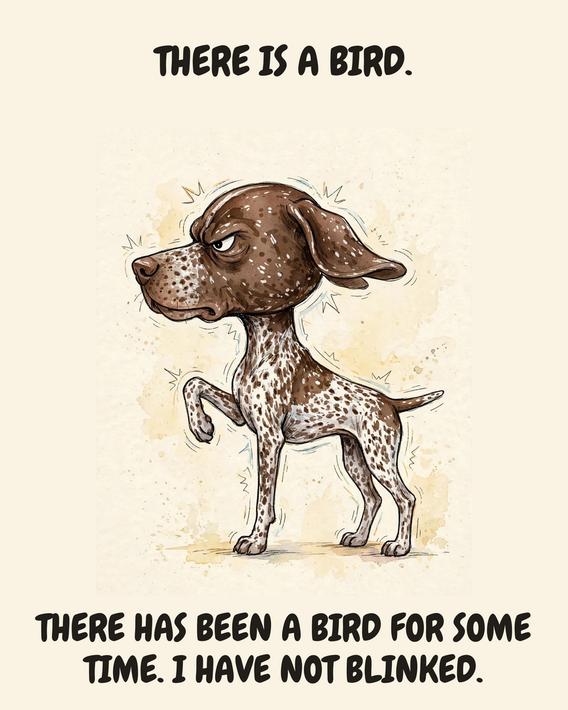 Furious — The Point German Shorthaired Pointer watercolor art print — "THERE IS A BIRD. THERE HAS BEEN A BIRD FOR SOME TIME. I HAVE NOT BLINKED." Unframed print artwork.