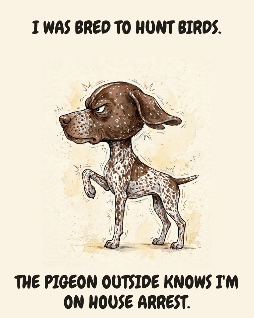Furious — The Point German Shorthaired Pointer watercolor art print — "I WAS BRED TO HUNT BIRDS. THE PIGEON OUTSIDE KNOWS I'M ON HOUSE ARREST." Unframed print artwork.