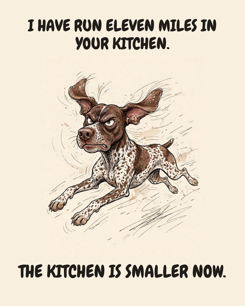 Furious — The Mileage German Shorthaired Pointer watercolor art print — "I HAVE RUN ELEVEN MILES IN YOUR KITCHEN. THE KITCHEN IS SMALLER NOW." Unframed print artwork.