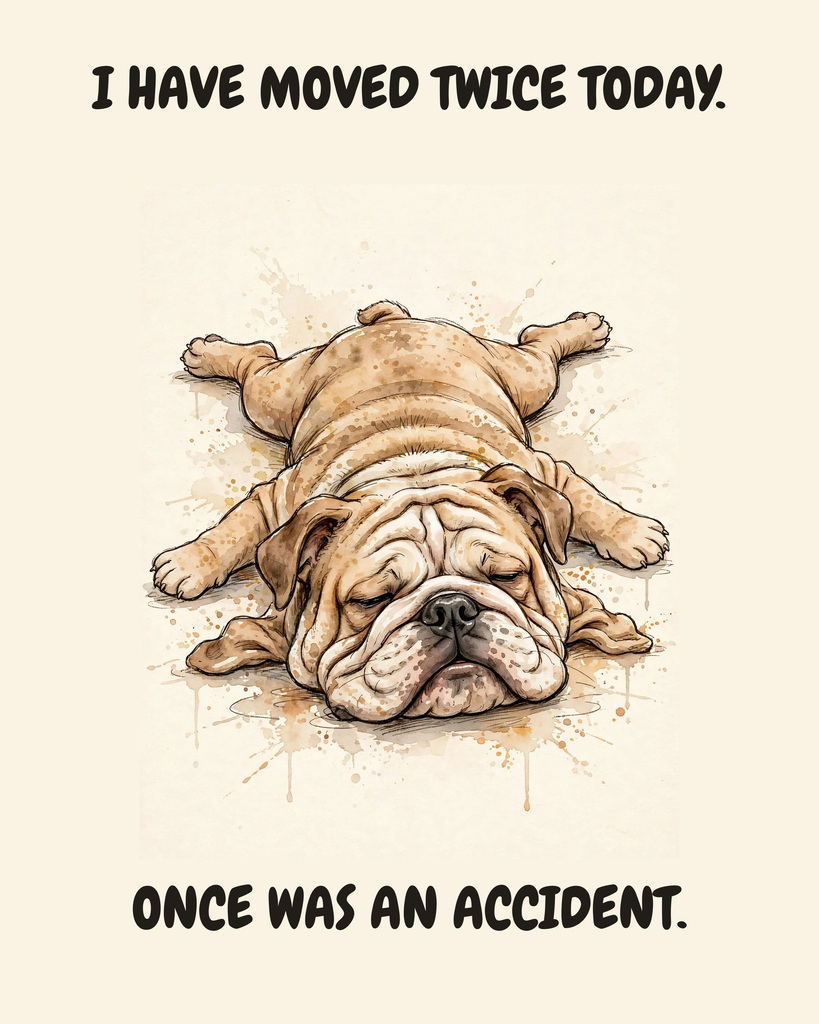 Exhausted English Bulldog watercolor art print — "I HAVE MOVED TWICE TODAY. ONCE WAS AN ACCIDENT." Unframed print artwork.