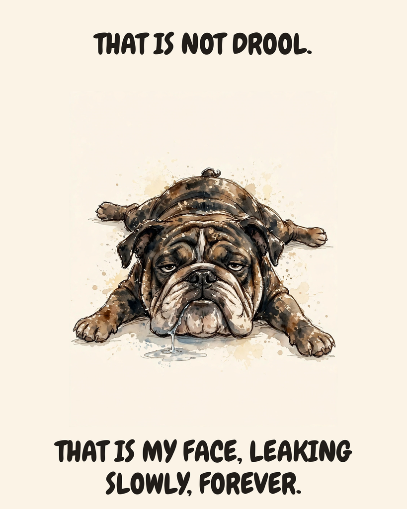 Unbothered English Bulldog watercolor art print — "THAT IS NOT DROOL. THAT IS MY FACE, LEAKING SLOWLY, FOREVER." Unframed print artwork.