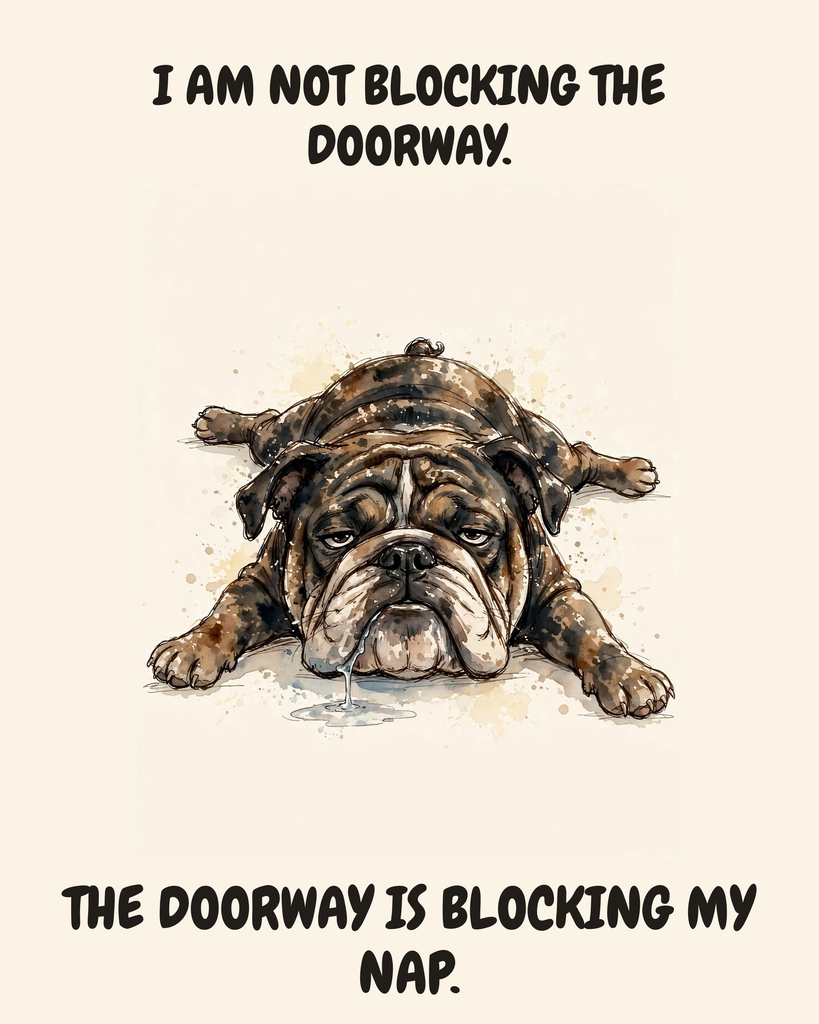 Unbothered English Bulldog watercolor art print — "I AM NOT BLOCKING THE DOORWAY. THE DOORWAY IS BLOCKING MY NAP." Unframed print artwork.